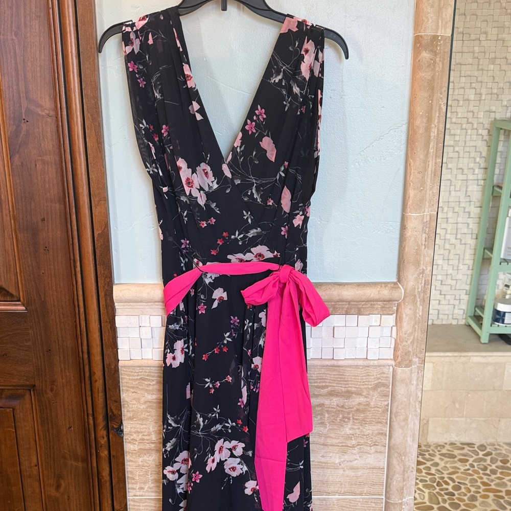 Eliza J dark navy Floral High Low Dress with Pink Belt